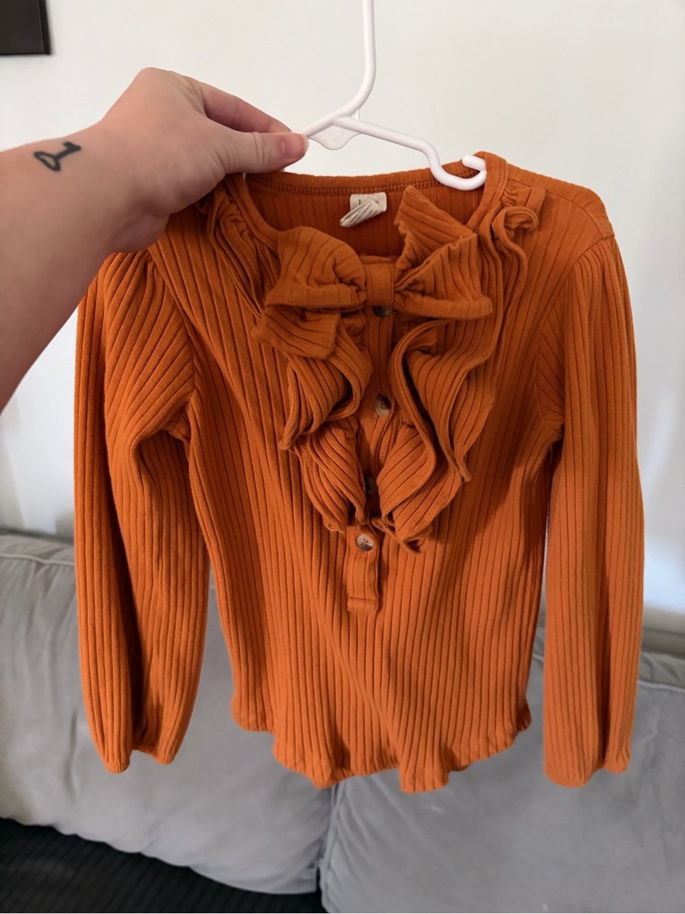 kate quinn Orange Ribbed Long-Sleeve Top with Bow & Ruffles